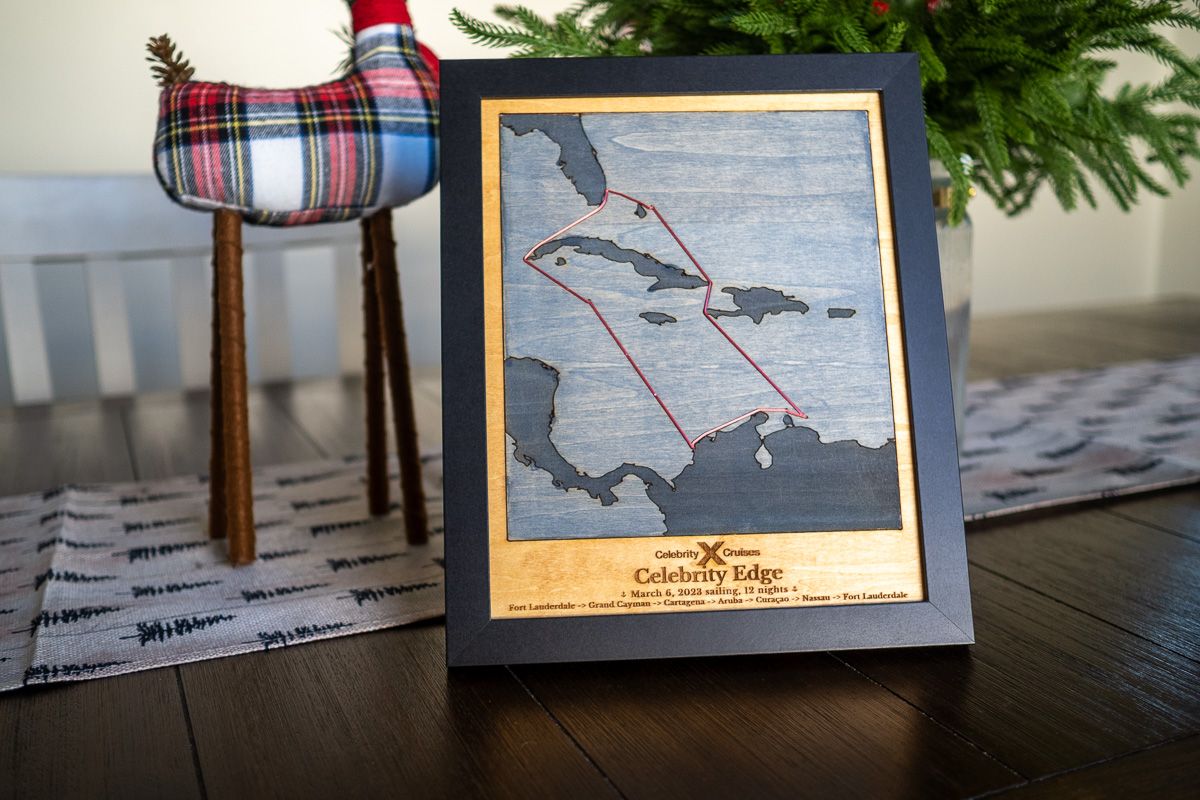 Cruise route map engraved on wood