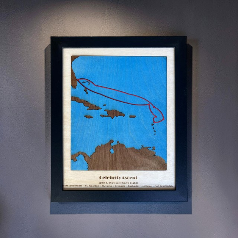 Cruise route map engraved on wood